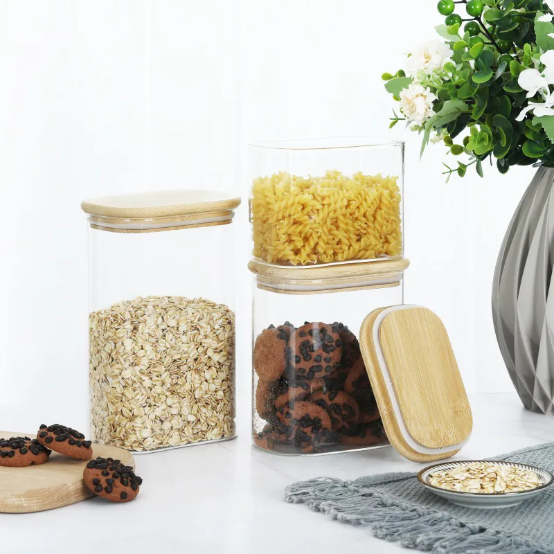 Rectangle Glass Food Storage Jar with Bamboo Lid