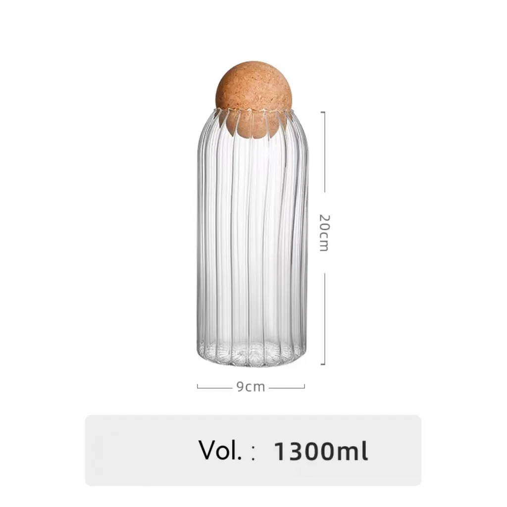 Round ribbed glass jar with cork lid