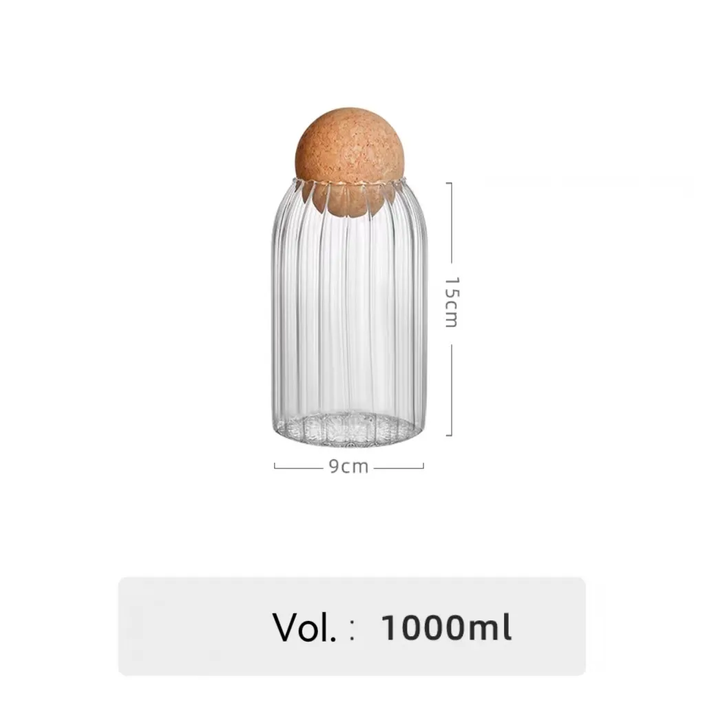 Round ribbed glass jar with cork lid