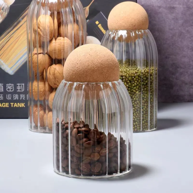 Round ribbed glass jar with cork lid