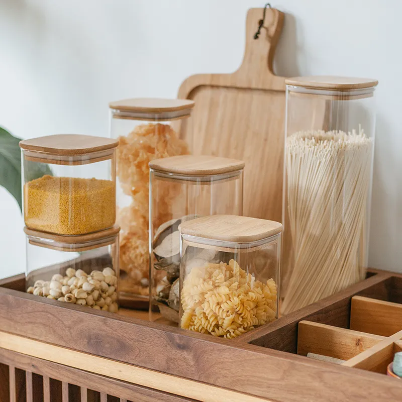 Square Glass Food Storage Jar with Bamboo Lid